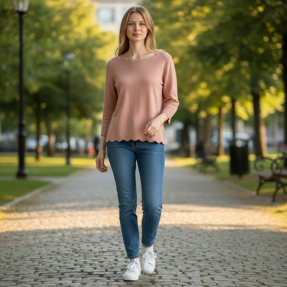Cable‎ & Gauge Pink Scalloped Neck and Hem 3/4 Sleeve Knit Top Sweater Medium